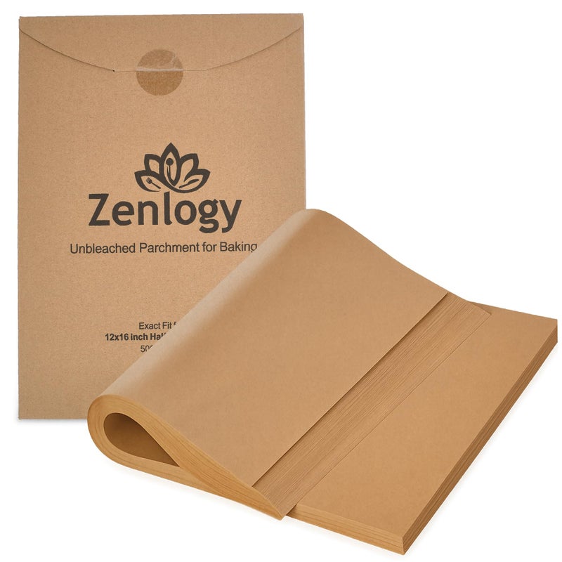 Zenlogy أوراق ورق البرشمان زينلوجي 12x16 (500 ورقة) للخبز - غير مبيضة وخالية من الكلور ومقاومة للحرارة وغير لاصقة ومقطعة مسبقًا لصواني نصف ورقة - Image 1
